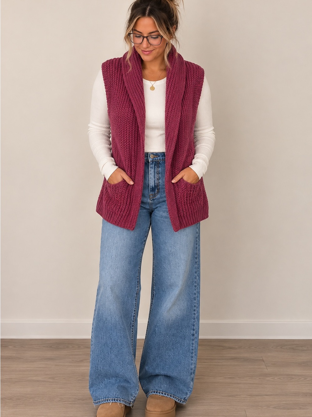 GAP Sleeveless Knit Open-Front Vest in Berry